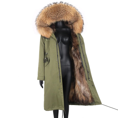 Langer Damen Winter Parka mit Kapuze und Pelzbesatz, warm gefüttert