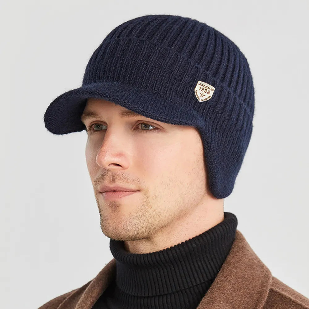 Strickmütze mit Schirm und Ohrenklappen Herren Wintermütze gerippt