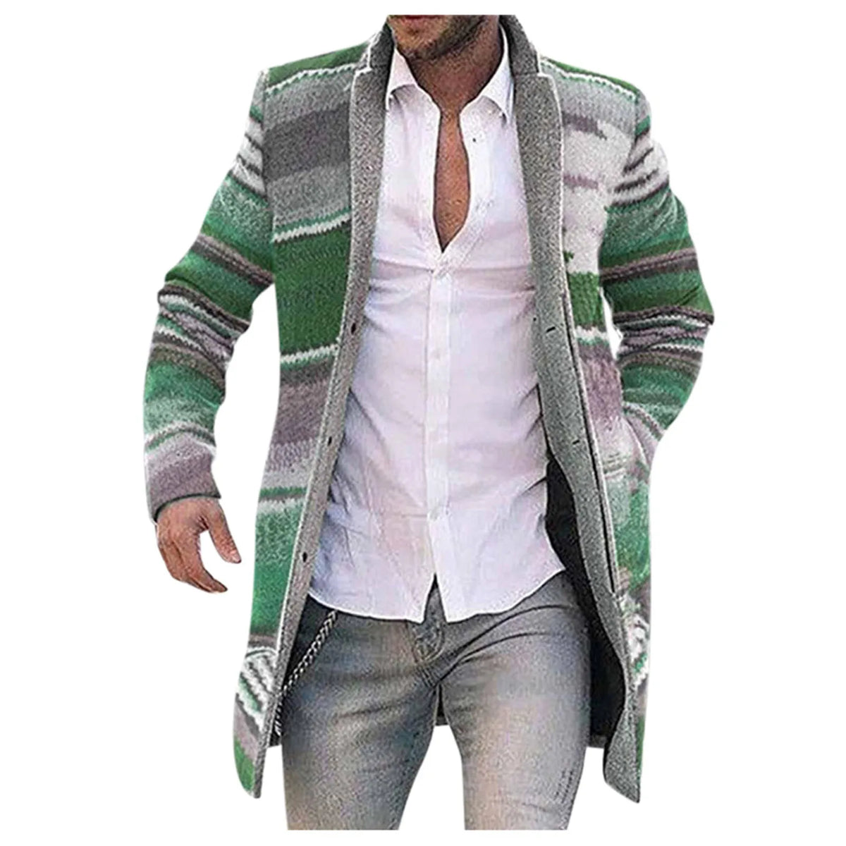 Herren Cardigan Strickjacke Lang Multi-Farben Gestreift Offen Wintermantel Jacke
