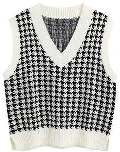 Damen Pullunder Hahnentritt V-Ausschnitt Strickweste Beige