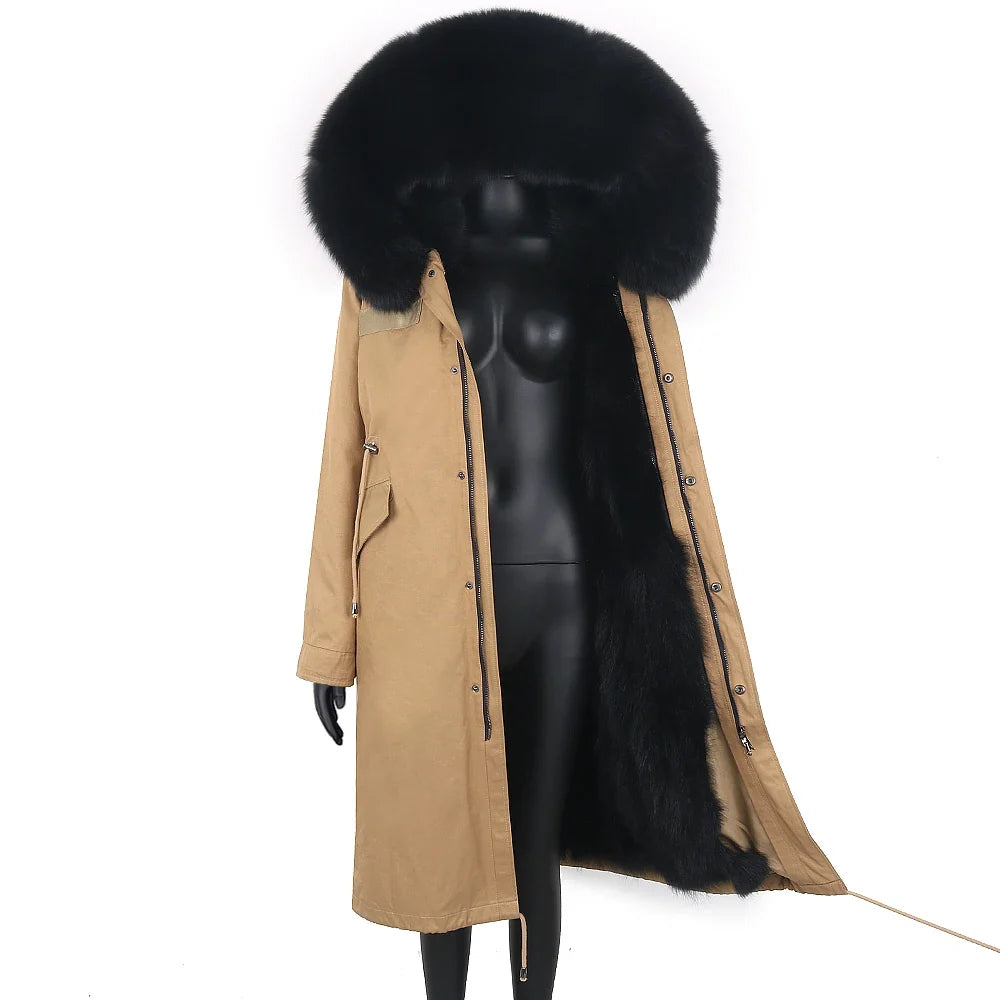 Langer Damen Winter Parka mit Kapuze und Pelzbesatz, warm gefüttert