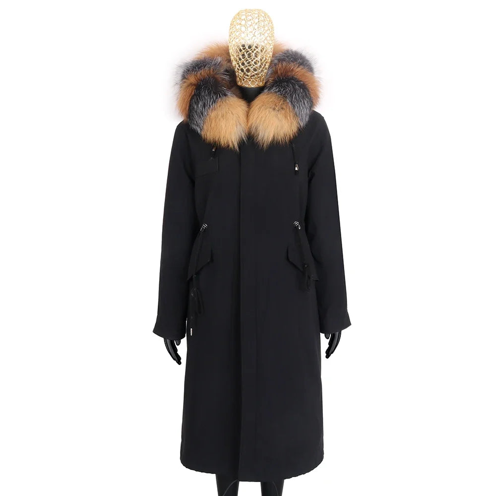 Langer Damen Winter Parka mit Kapuze und Pelzbesatz, warm gefüttert