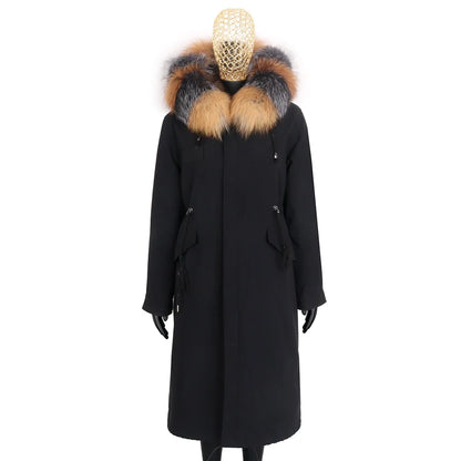 Langer Damen Winter Parka mit Kapuze und Pelzbesatz, warm gefüttert