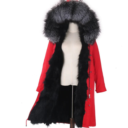 Damen Winterparka Schwarz mit Pelzbesatz Kapuze Lang