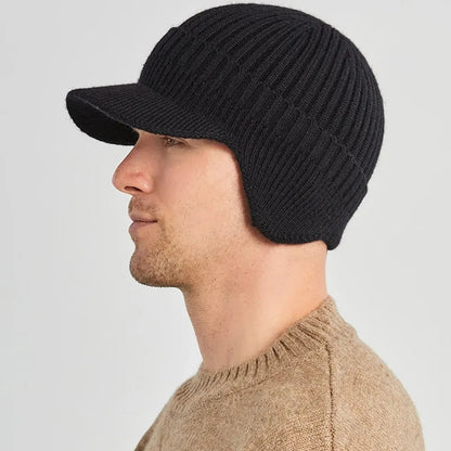 Strickmütze mit Schirm und Ohrenklappen Herren Wintermütze gerippt