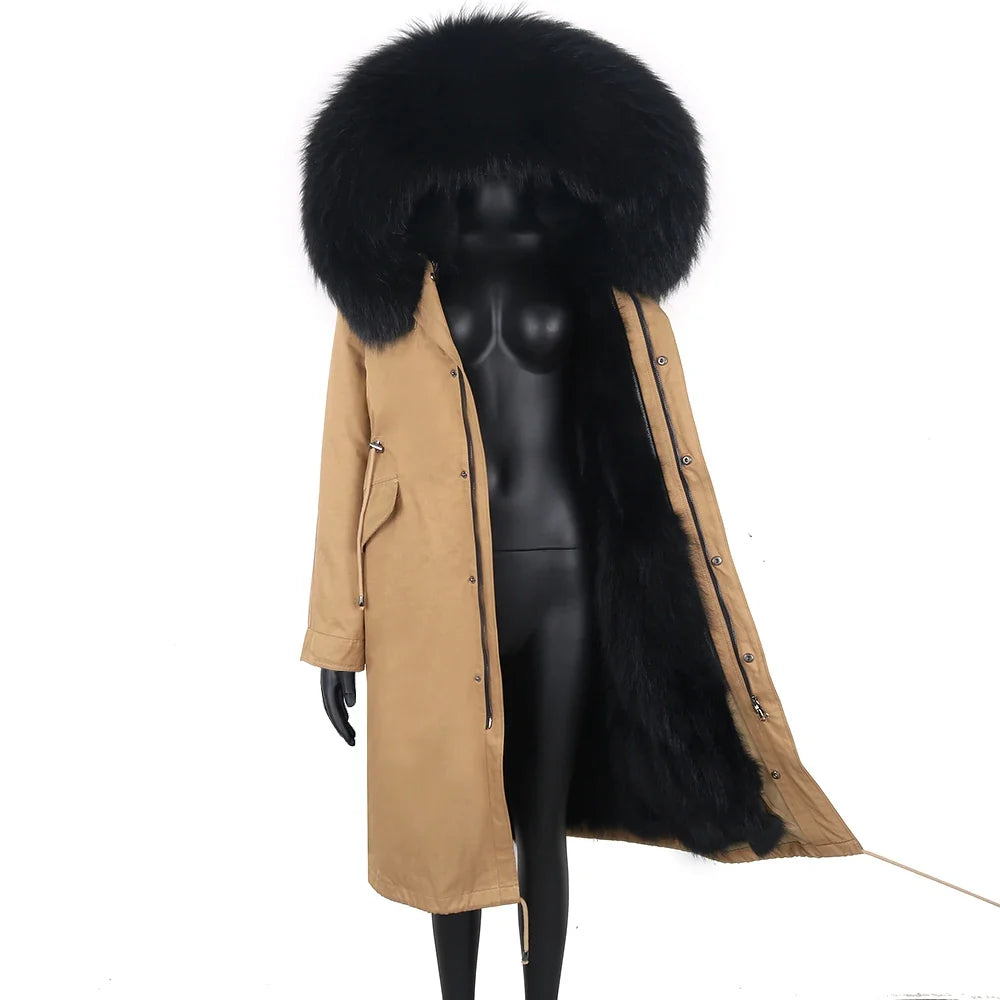 Langer Damen Winter Parka mit Kapuze und Pelzbesatz, warm gefüttert