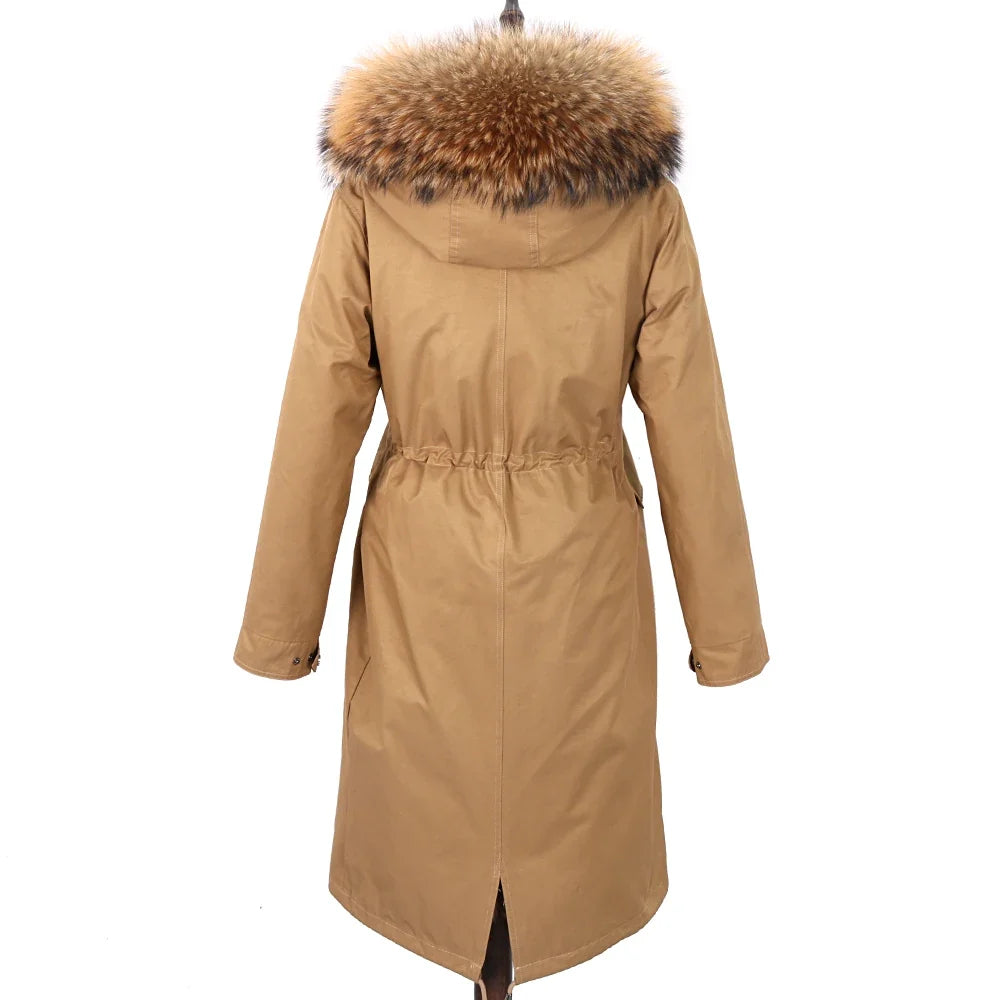 Damen Winterparka Schwarz mit Pelzbesatz Kapuze Lang