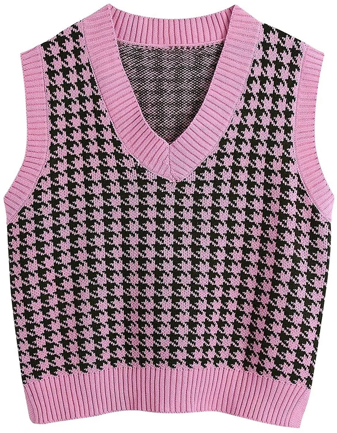 Damen Pullunder Hahnentritt V-Ausschnitt Strickweste Beige