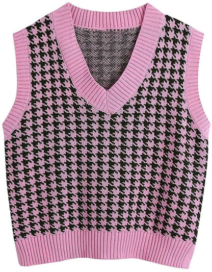 Damen Pullunder Hahnentritt V-Ausschnitt Strickweste Beige