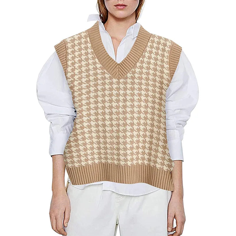 Damen Pullunder Hahnentritt V-Ausschnitt Strickweste Beige