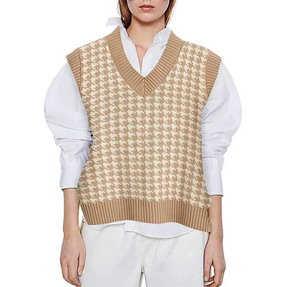 Damen Pullunder Hahnentritt V-Ausschnitt Strickweste Beige