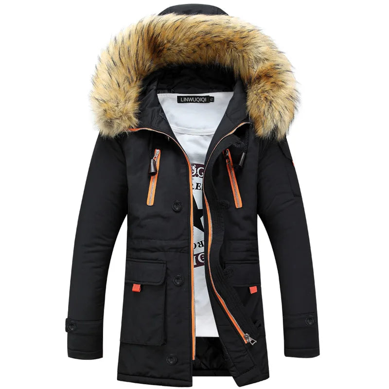 Herren Winterparka mit Kapuze und Kunstfellbesatz, Militärgrün