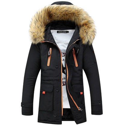 Herren Winterparka mit Kapuze und Kunstfellbesatz, Militärgrün