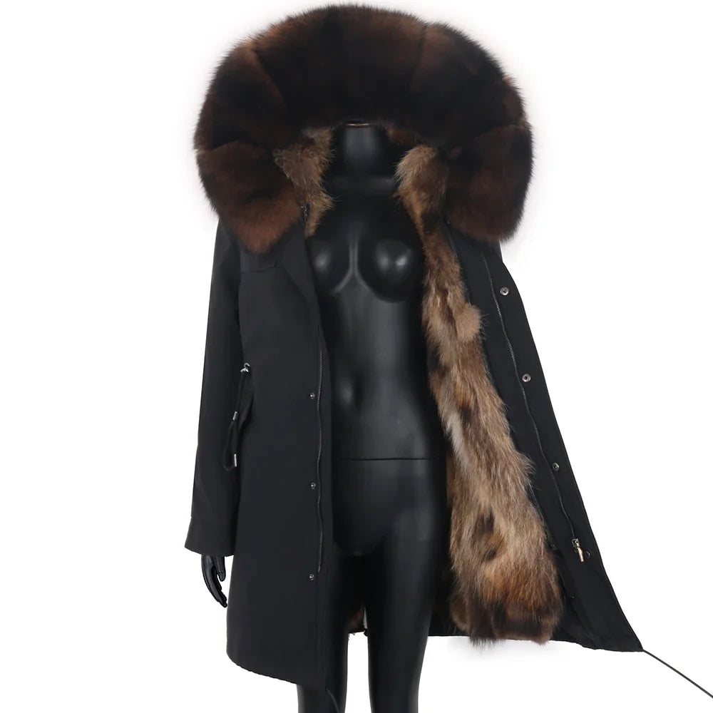 Damen Winterparka Schwarz mit Pelzbesatz Kapuze Lang