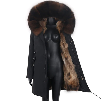Damen Winterparka Schwarz mit Pelzbesatz Kapuze Lang