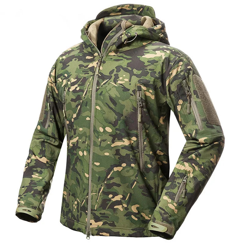 Herren Softshell Outdoor Jacke mit Kapuze und Reißverschlusstaschen Tarnmuster