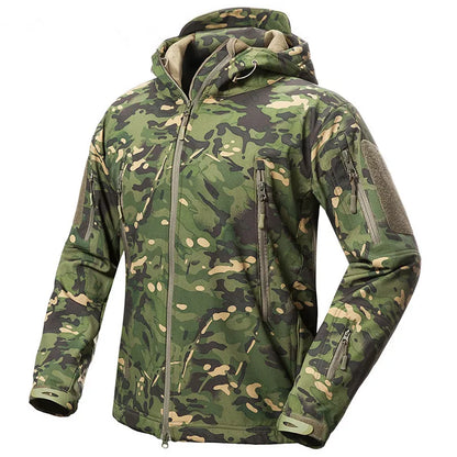 Herren Softshell Outdoor Jacke mit Kapuze und Reißverschlusstaschen Tarnmuster