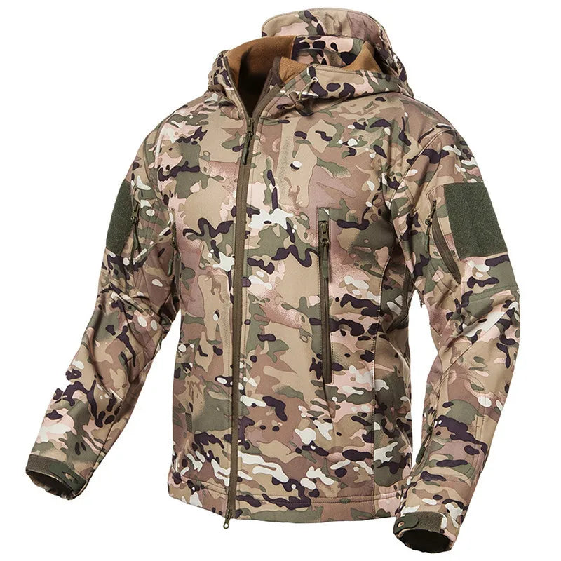 Herren Softshell Outdoor Jacke mit Kapuze und Reißverschlusstaschen Tarnmuster