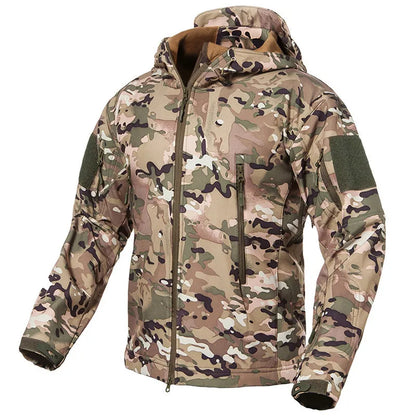 Herren Softshell Outdoor Jacke mit Kapuze und Reißverschlusstaschen Tarnmuster