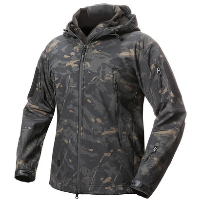 Herren Softshell Outdoor Jacke mit Kapuze und Reißverschlusstaschen Tarnmuster