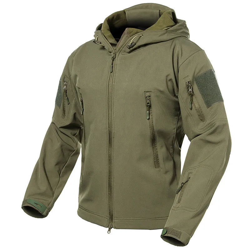 Herren Softshell Outdoor Jacke mit Kapuze und Reißverschlusstaschen Tarnmuster