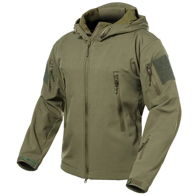 Herren Softshell Outdoor Jacke mit Kapuze und Reißverschlusstaschen Tarnmuster