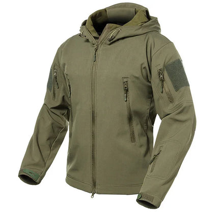 Herren Softshell Outdoor Jacke mit Kapuze und Reißverschlusstaschen Tarnmuster