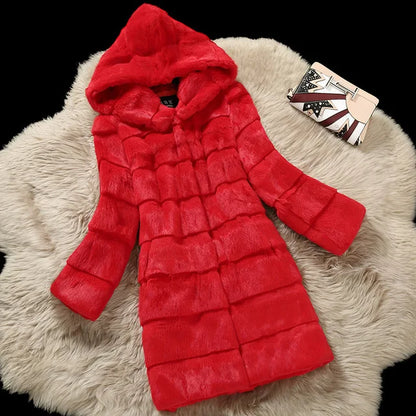 Damen Mantel mit Kapuze Rosa Faux Fur Optik Langarm