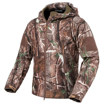 Herren Softshell Outdoor Jacke mit Kapuze und Reißverschlusstaschen Tarnmuster