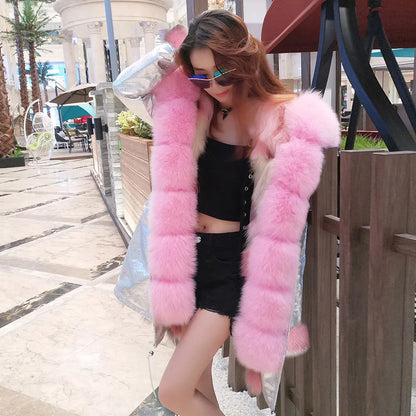 Damen Winterparka mit Kapuze & Pelzimitat-Futter in Rosa