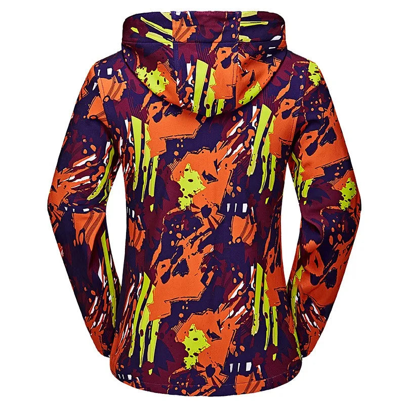 Damen Outdoor Jacke mit Kapuze und Muster Türkis Pink Blau