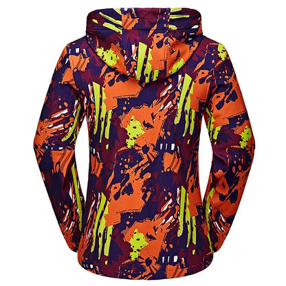 Damen Outdoor Jacke mit Kapuze und Muster Türkis Pink Blau