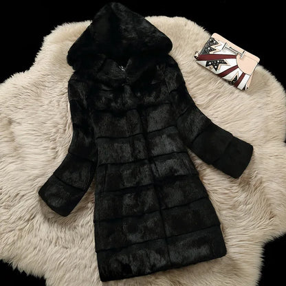 Damen Mantel mit Kapuze Rosa Faux Fur Optik Langarm