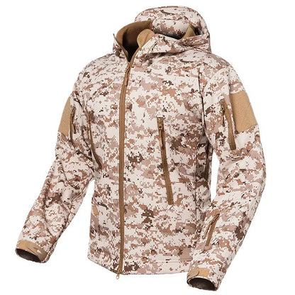 Herren Softshell Outdoor Jacke mit Kapuze und Reißverschlusstaschen Tarnmuster
