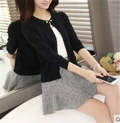 Damen Kurzstrickjacke Bolero Rundhals Langarm Strick-Cardigan