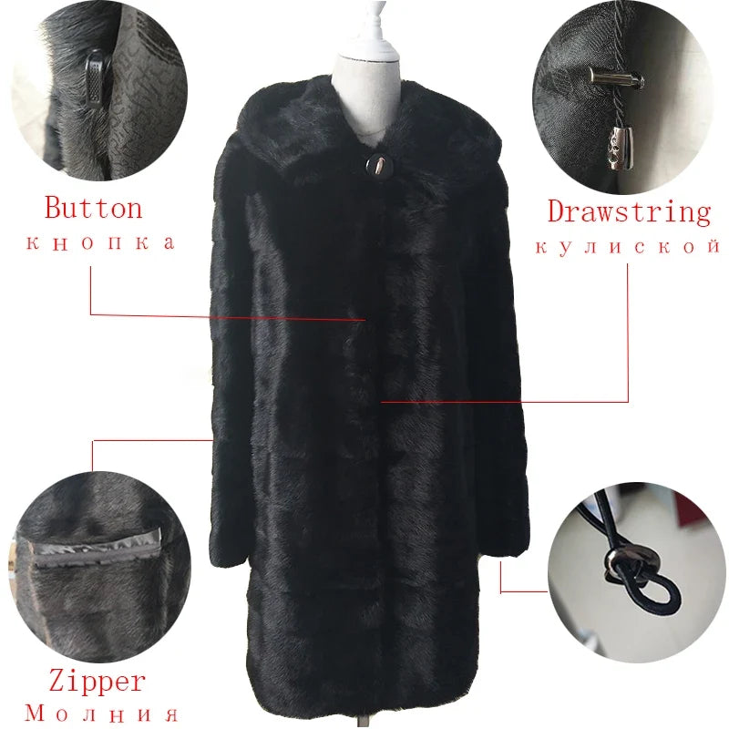Damen Kunstpelz Mantel Schwarz mit Kapuze Langarm