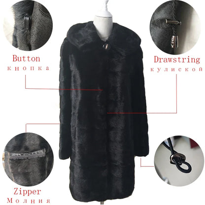 Damen Kunstpelz Mantel Schwarz mit Kapuze Langarm