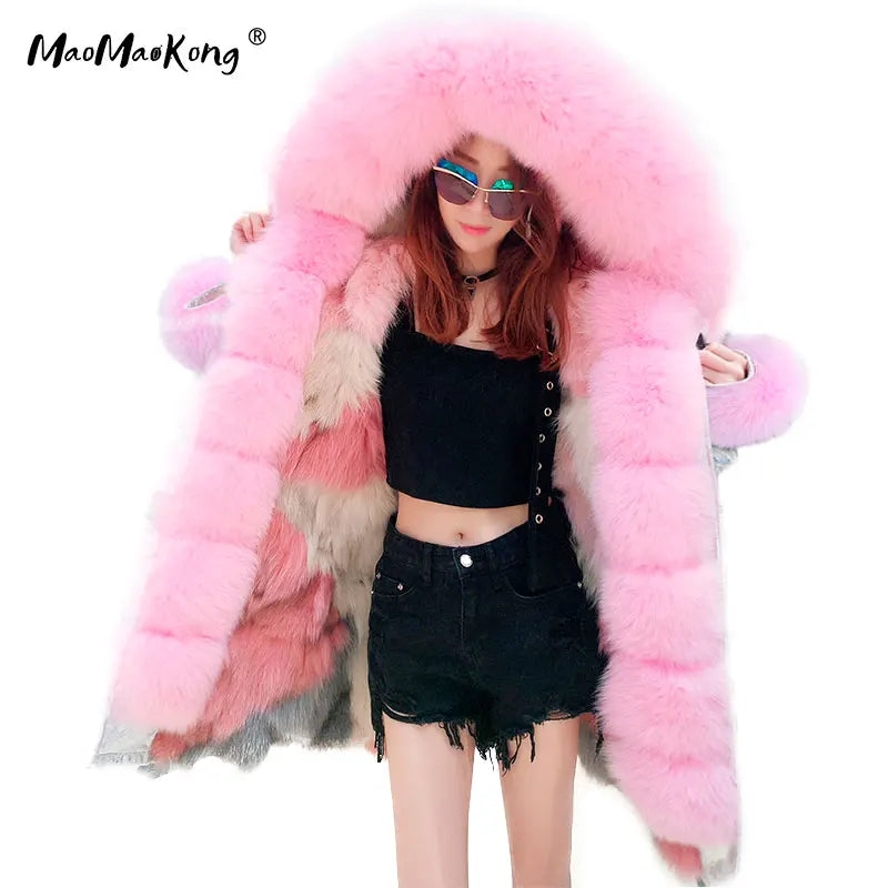 Damen Winterparka mit Kapuze & Pelzimitat-Futter in Rosa