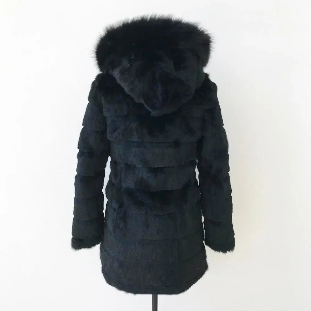 Damen Wintermantel Schwarz mit Kapuze und Plüschbesatz