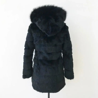 Damen Wintermantel Schwarz mit Kapuze und Plüschbesatz