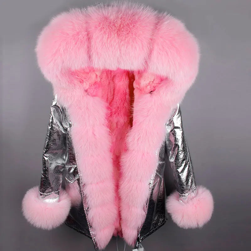 Damen Winterparka mit Kapuze & Pelzimitat-Futter in Rosa
