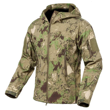 Herren Softshell Outdoor Jacke mit Kapuze und Reißverschlusstaschen Tarnmuster