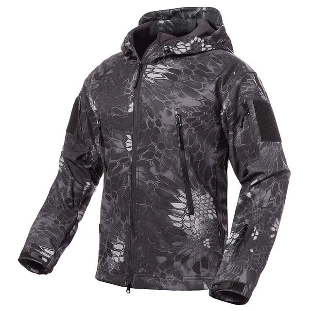 Herren Softshell Outdoor Jacke mit Kapuze und Reißverschlusstaschen Tarnmuster