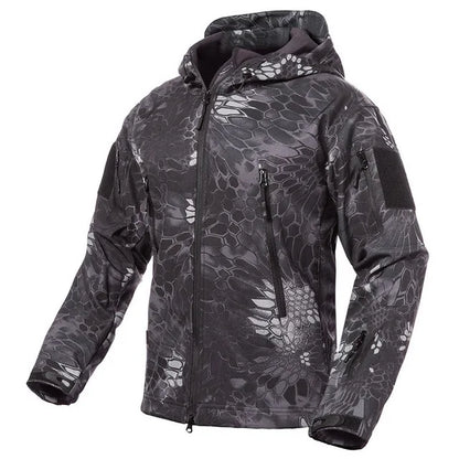 Herren Softshell Outdoor Jacke mit Kapuze und Reißverschlusstaschen Tarnmuster