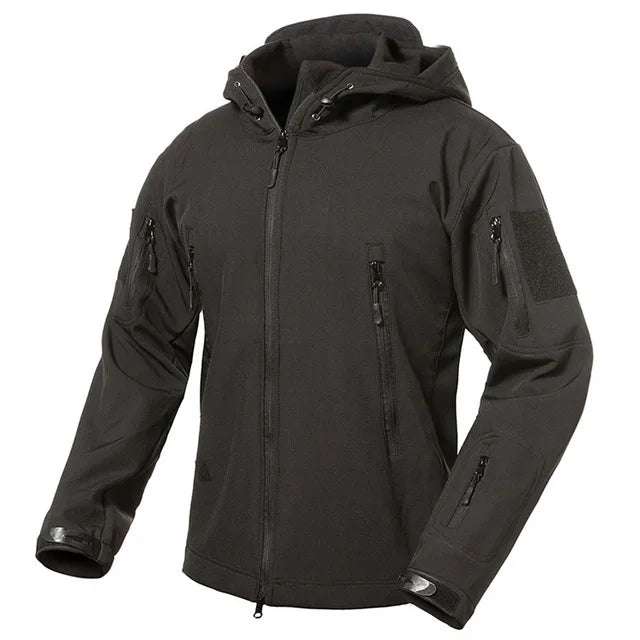 Herren Softshell Outdoor Jacke mit Kapuze und Reißverschlusstaschen Tarnmuster