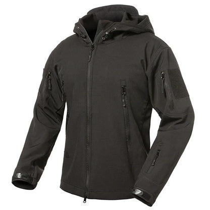 Herren Softshell Outdoor Jacke mit Kapuze und Reißverschlusstaschen Tarnmuster