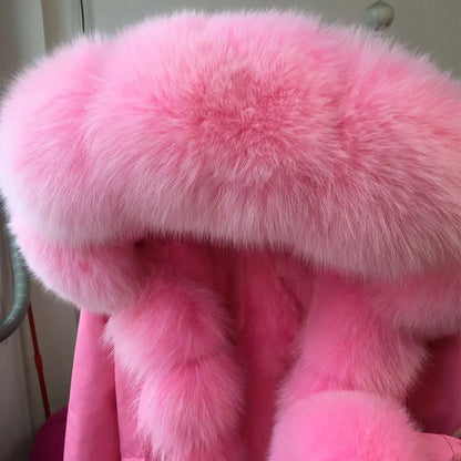 Damen Winterparka mit Kapuze & Pelzimitat-Futter in Rosa