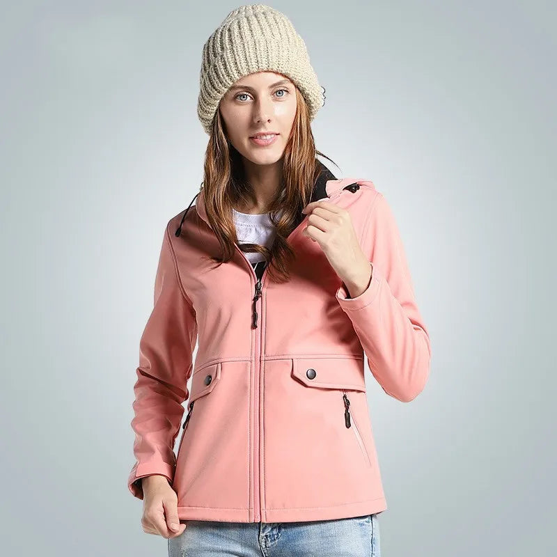 Damen Outdoor Jacke mit Kapuze und Muster Türkis Pink Blau