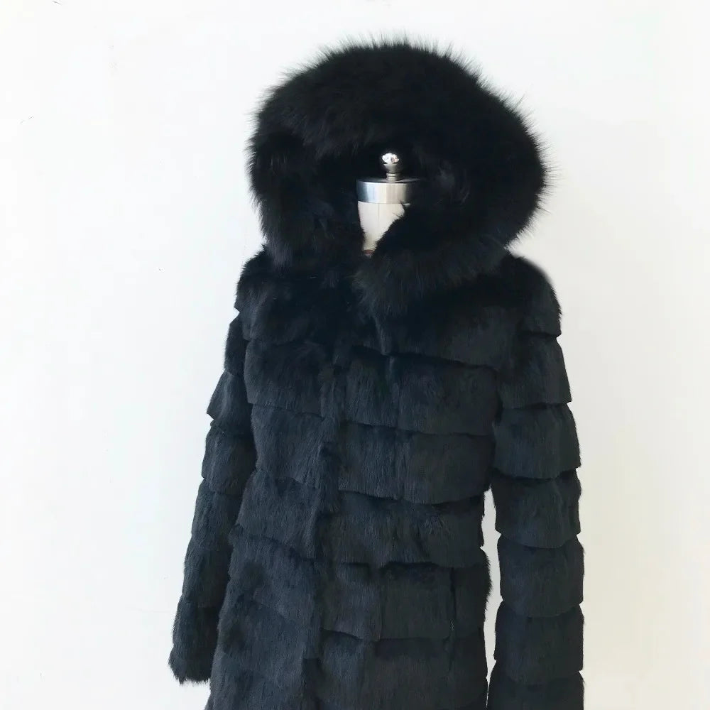 Damen Wintermantel Schwarz mit Kapuze und Plüschbesatz