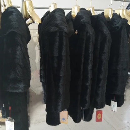 Damen Kunstpelz Mantel Schwarz mit Kapuze Langarm